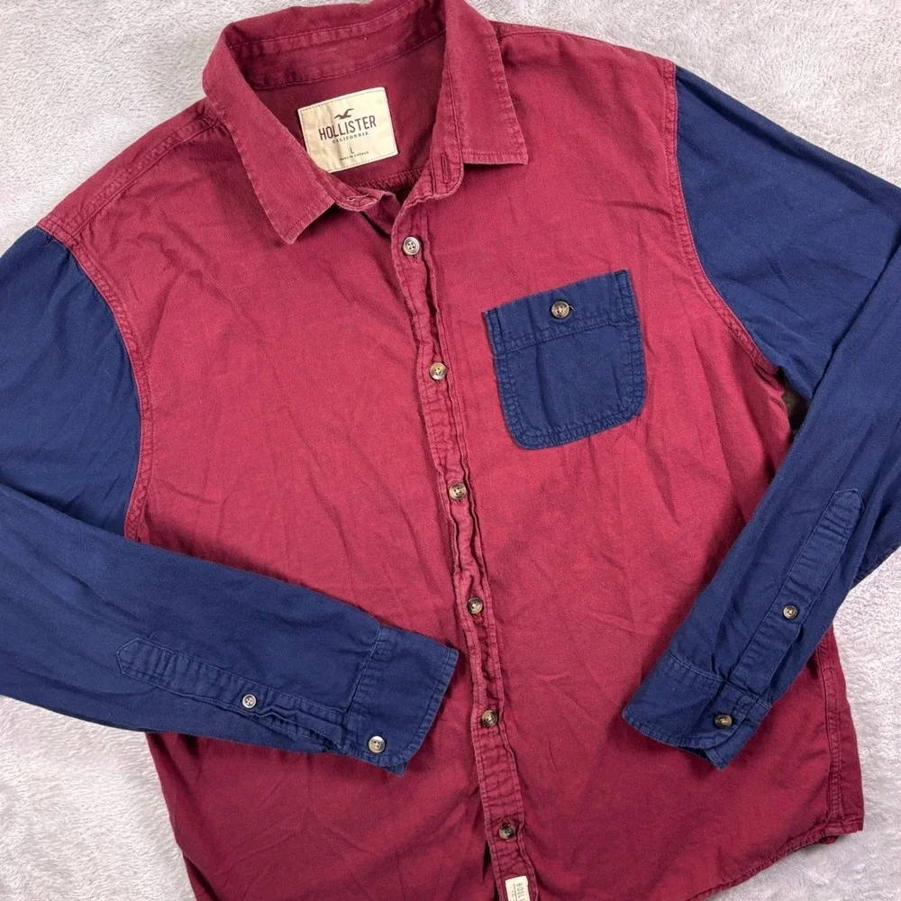 Hollister Men's Long Sleeve Button Up Shirt Size‎ L Red Blue Colorblock Cotton